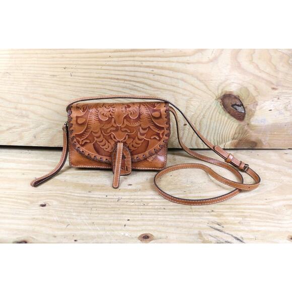Patricia Nash Handbag Crossbody Tooled Rose Brown Italian Leather Lanza No Clasp - Picture 1 of 14
